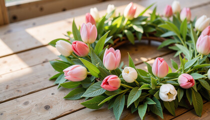 Obraz premium Spring tulip wreath on a rustic wooden surface