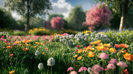 Colorful flower garden in spring with blooming trees and vibrant flora under a sunny sky