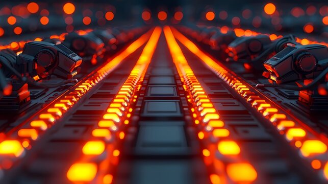 A futuristic scene featuring glowing orange lights and dark robotic elements arranged in parallel lines, suggesting advanced technology and automation.