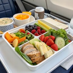 Airline Meal Compartmentalized Tray with Fruits, Vegetables, Protein and Cheese, Airplane Food, Healthy Meal Airplane Food, Healthy Eating