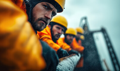 A Grueling Day at Sea: Captivating Portrait of Fishermen Battling Rough Weather and Embracing the Spirit of Teamwork in the Marine Industry