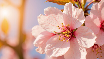 Close-up of delicate pink cherry blossoms in full bloom