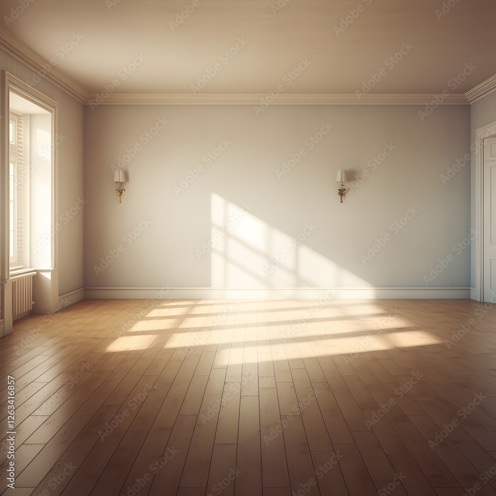Poster a large empty room with a window and two lamps