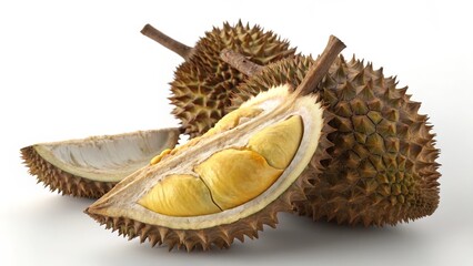 Obraz premium Durian Fruit Still Life Close-up Composition of Opened and Whole Durians, Tropical Fruit Photography, Durian Texture Durian, Tropical Fruit