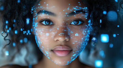 Futuristic female face with digital interface and blue data streams for technology design