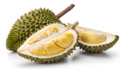 Fototapeta premium Durian Composition Close-up of Halved and Whole Fruit, Tropical Fruit Photography, White Background, Durian, Tropical Fruit Durian, Tropical Food