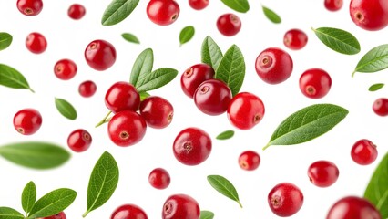 Falling Cranberries Vibrant Red Berries with Green Leaves, White Background, Food Photography, High Resolution Cranberry, Food Photography