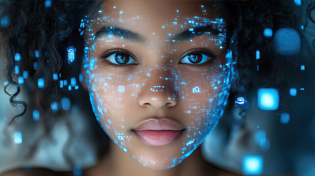 Futuristic female face with digital interface and blue data streams for technology design
