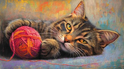Tabby Cat Playing with a Ball of Yarn