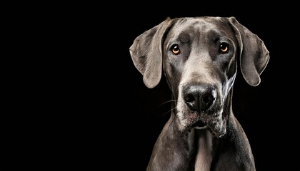Majestic gray dog with soulful eyes posing against a dark backdrop