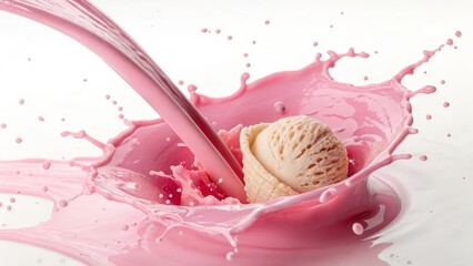 Pink Milk Splashing Ice Cream High-Speed Photography, Creamy Texture, Dessert Concept Ice cream, milkshake