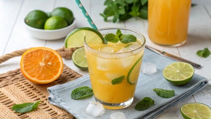 Fototapeta premium Refreshing Iced Orange and Lime Mint Drink Recipe, Summer Citrus Cocktail, Iced Beverage Photography Summer Drink, Citrus Cocktail