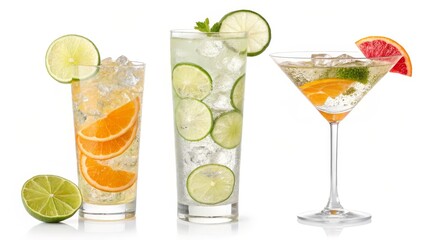 Fototapeta premium Refreshing Citrus Cocktails Tall Glass, Martini Glass, Lime, Orange, Ice, Citrus Drinks Cocktail recipe, summer drinks