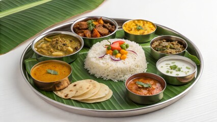 South Indian Thali 7-Dish Meal, Rice, Banana Leaf, Curries, Flatbreads,Vegetarian, Indian Food Indian Cuisine