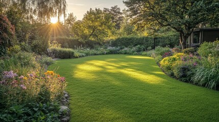 Obraz premium Serene sunset garden, vibrant flowers, lush green lawn.