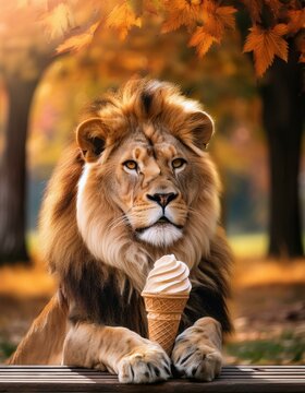 
un leon lindo sentado en un banco en un parque comiendo un helado en oto&ntilde;o
