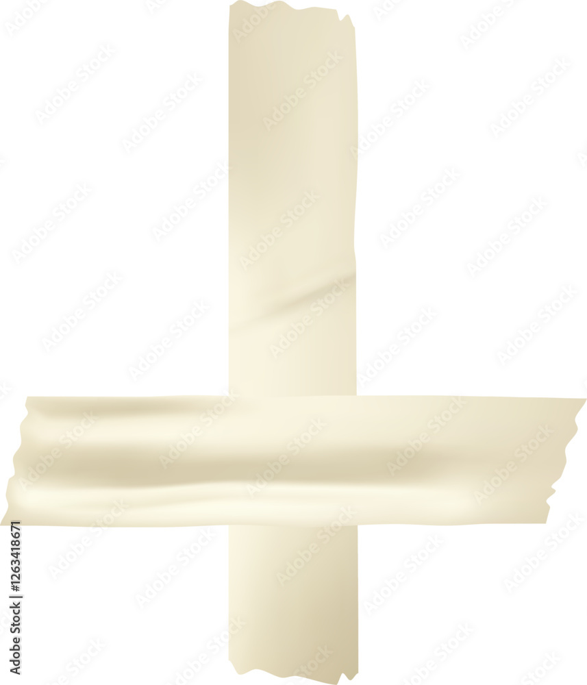 Poster two pieces of beige adhesive tape stuck together on a white background, forming a distinctive cross 