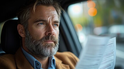 A pensive mature man with grey beard reviews documents in a car.