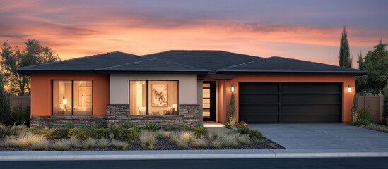 Fototapeta premium Stunning Modern Ranch Home Design at Sunset