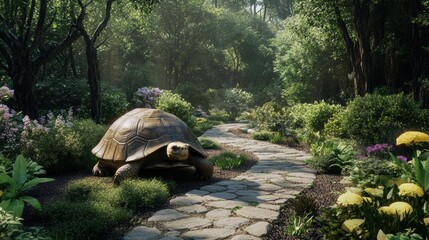 Naklejka premium Tortoise Moving Slowly Across a Garden PathJPEG