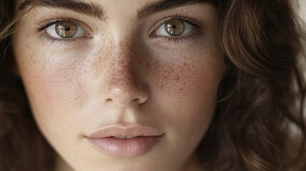 Obraz premium Close-up portrait of a woman with freckled skin, perfect for beauty or lifestyle shots