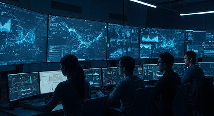 Team of data analysts working late at night monitoring complex financial data streams on multiple large screens in a modern on transparent background