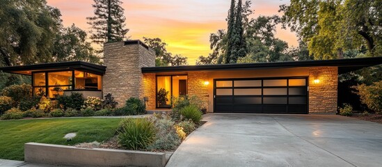 Fototapeta premium Stunning Mid-Century Modern Home at Sunset