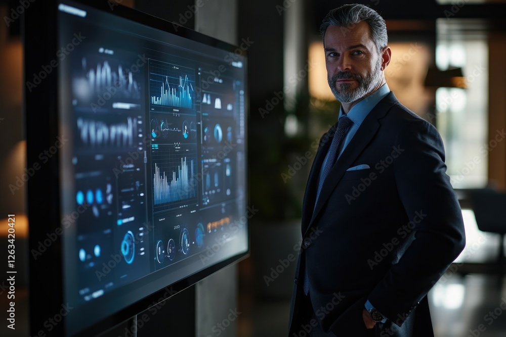 Poster confident businessman standing near a large screen displaying business data and analytics.