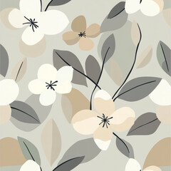 A minimalist floral illustration with simple, abstract petals and leaves in neutral tones of gray, beige, and white. The muted palette and clean design evoke a calm, modern atmosphere.