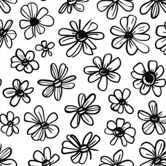 A minimalist floral illustration with bold, graphic outlines of flowers like daisies and roses in black on a white background. The simple, monochrome design creates a clean, modern aesthetic.