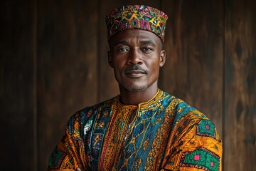 Obraz premium National Dress Day. Portrait of a man in colorful traditional attire with a distinctive hat against a wooden background.