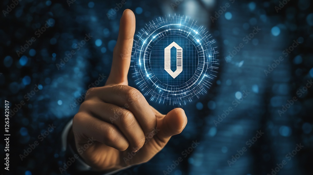 Poster hand pointing at a digital barcode icon inside a futuristic interface.