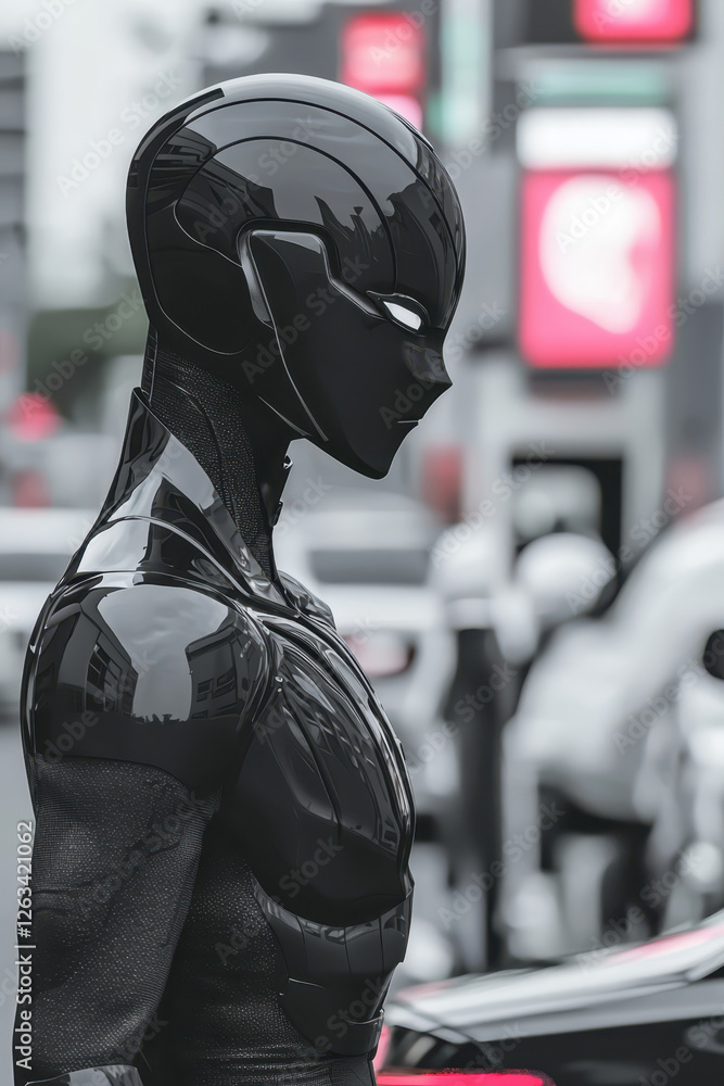 Poster exploring the intersection of humanity and technology: a futuristic black robotic figure in an urban