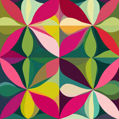 Fototapeta premium A geometric floral illustration with abstract petals and leaves arranged in a repeating, symmetrical grid. The design features a color palette of bold hues like fuchsia, lime green, and teal.