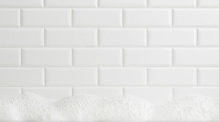 A close-up of pristine white tiles with a layer of soap bubbles, evoking a sense of cleanliness, freshness, and tranquility.