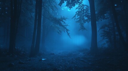 Enigmatic Blue Hour in a Misty Forest: A Nighttime Journey Through Silhouettes and Shadows
