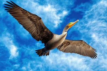 Obraz premium Double-Crested Cormorant Flying in a Blue Sky 
