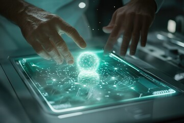 Hands interact with a futuristic touchscreen displaying a glowing network globe, symbolizing technological connection and innovation.