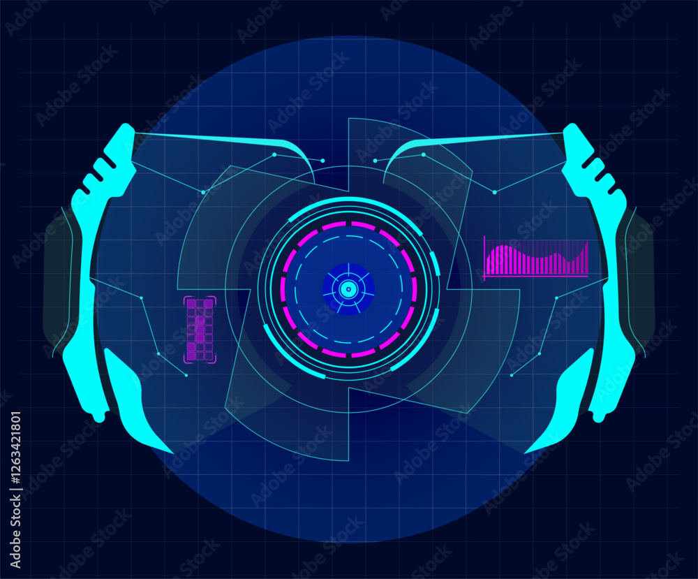 Poster futuristic virtual screen with a circular target and various indicators using hud technology, ideal 
