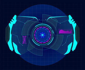 Futuristic virtual screen with a circular target and various indicators using hud technology, ideal for video games or science fiction movies, representing a futuristic interface