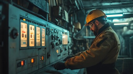 Worker managing control panel in underground hydroelectric power station during evening shift