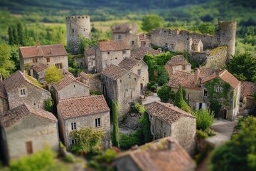 Obraz premium Aerial view of a small town nestled among trees, ideal for use in real estate or travel-related projects