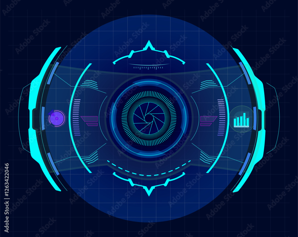 Poster futuristic virtual screen showing a camera diaphragm and various graphs, resembling a heads up displ