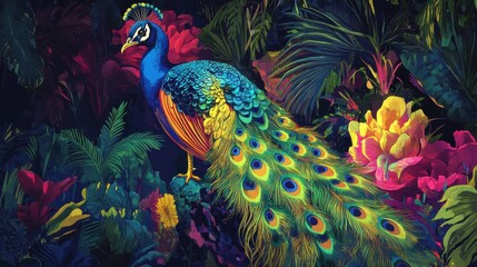 Fototapeta premium Peacock Displaying Vibrant Feathers in a Garden Ultra
