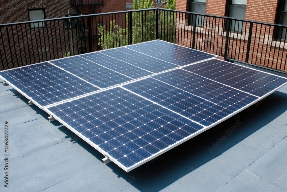Poster a solar panel installed on the rooftop of a building for renewable energy generation