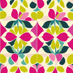 Fototapeta premium A geometric floral illustration with abstract petals and leaves arranged in a repeating, symmetrical grid. The design features a color palette of bold hues like fuchsia, lime green, and teal.