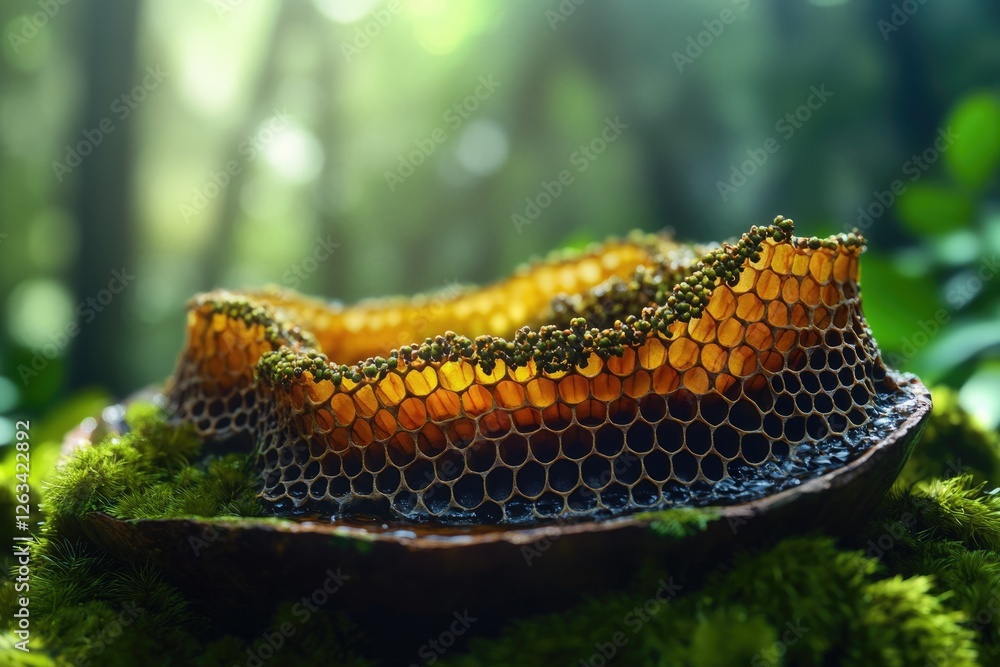 Poster empty honeycomb rests on mossy surface in a forest, sunlight filtering through the trees.