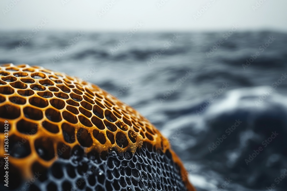 Poster close-up of honeycomb-like structure against a blurred ocean backdrop, showcasing intricate details 