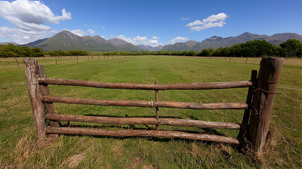 Rural landscape, wooden gate, mountain view, pasture