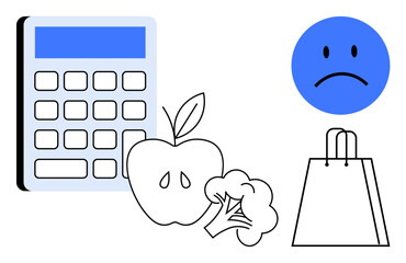 Calculator beside apple and broccoli, shopping bag, and sad face. Ideal for budgeting, shopping, nutrition, economy, financial planning cost management savings. Line metaphor